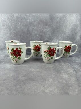 ATICO Celebrate Magic of Christmas Mugs Set 5 Holiday 12oz Poinsettia